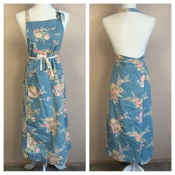 Ralph Lauren VTG 90s Blue Label Floral Denim 90s Apron Wrap Dress - Picture 1 of 13